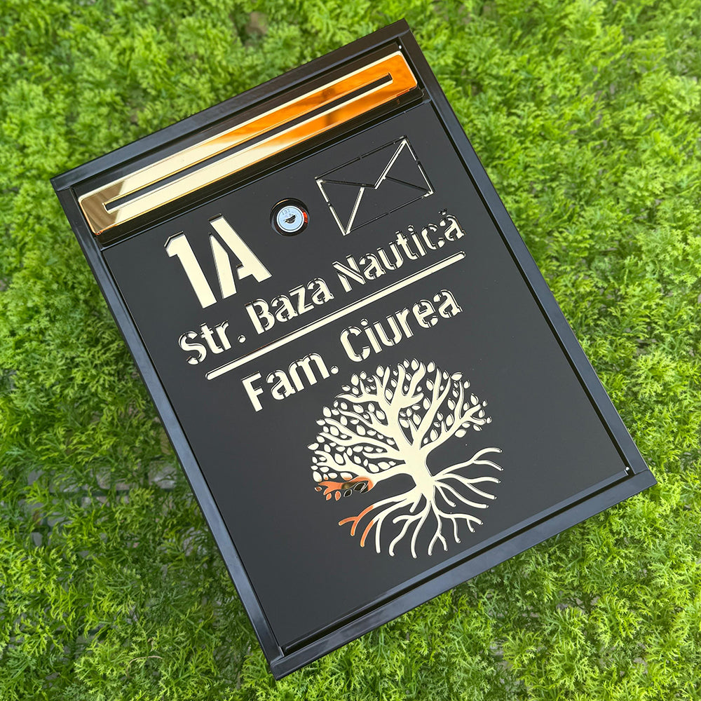 Cutie postala Negru Satinat - Auriu Oglinda - Numar, strada si familie + Pomul Vietii