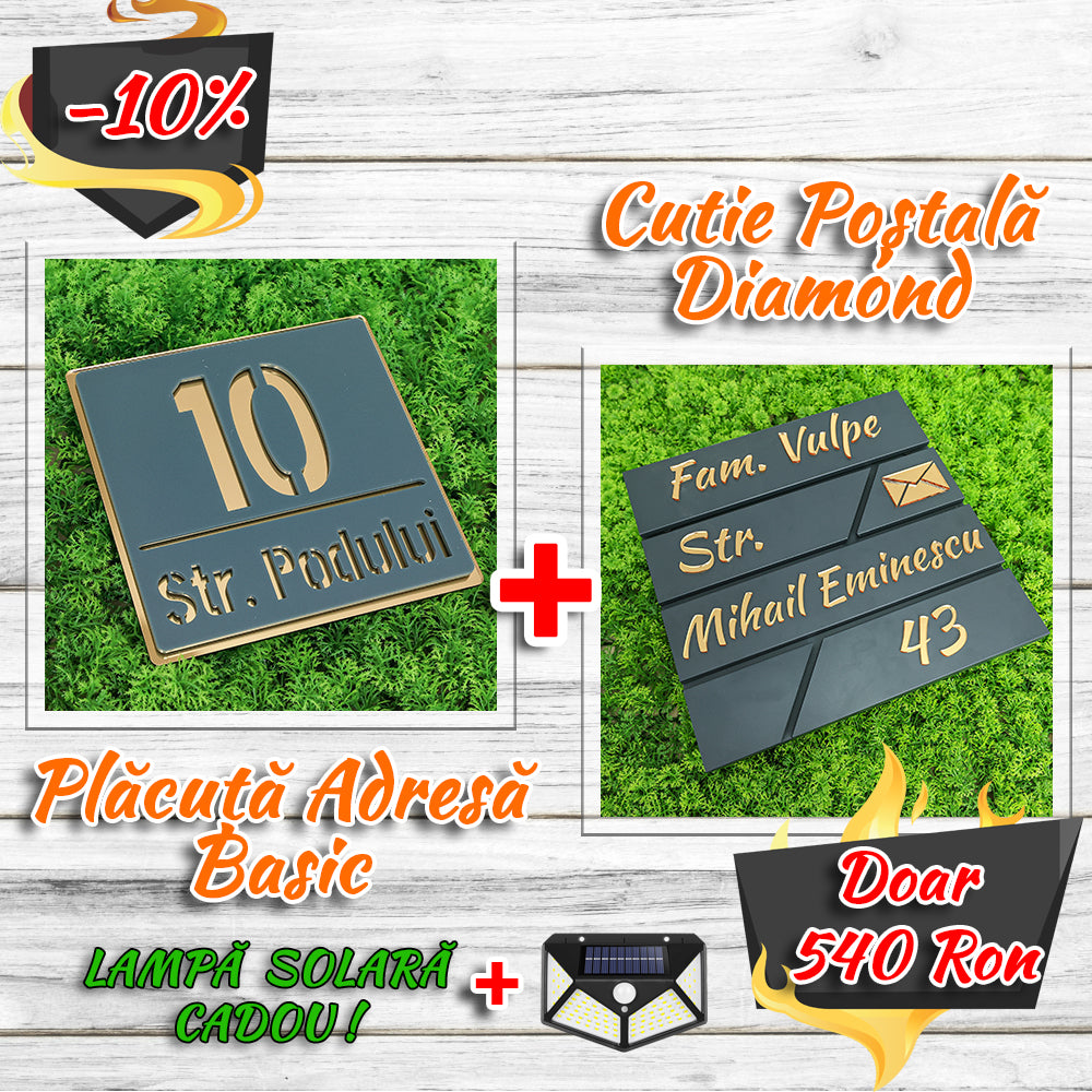 Pachet număr de casă basic + cutie poștală diamond antracit - auriu oglindă