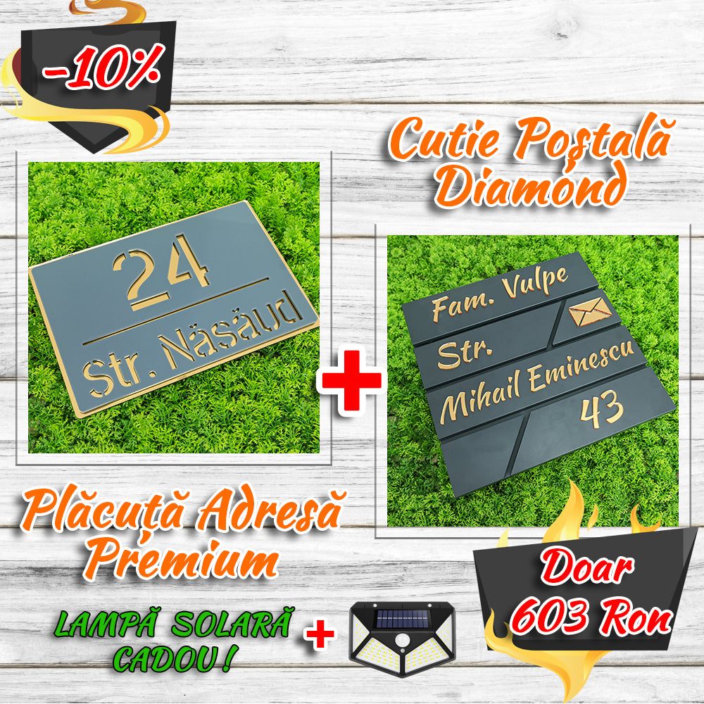 Pachet număr de casă premium + cutie poștală diamond antracit - auriu oglindă