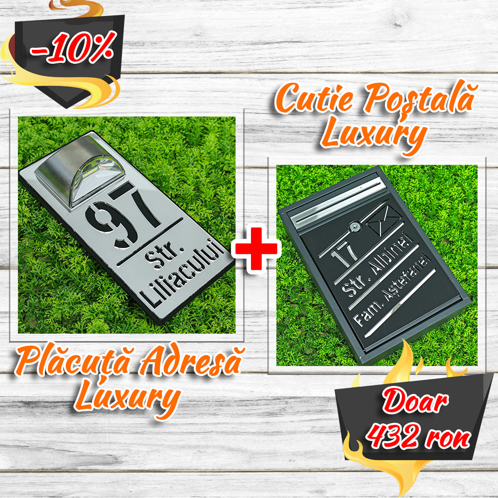 Pachet număr de casă luxury - argintiu oglindă negru lucios + cutie poștală luxury negru satinat - argintiu oglindă
