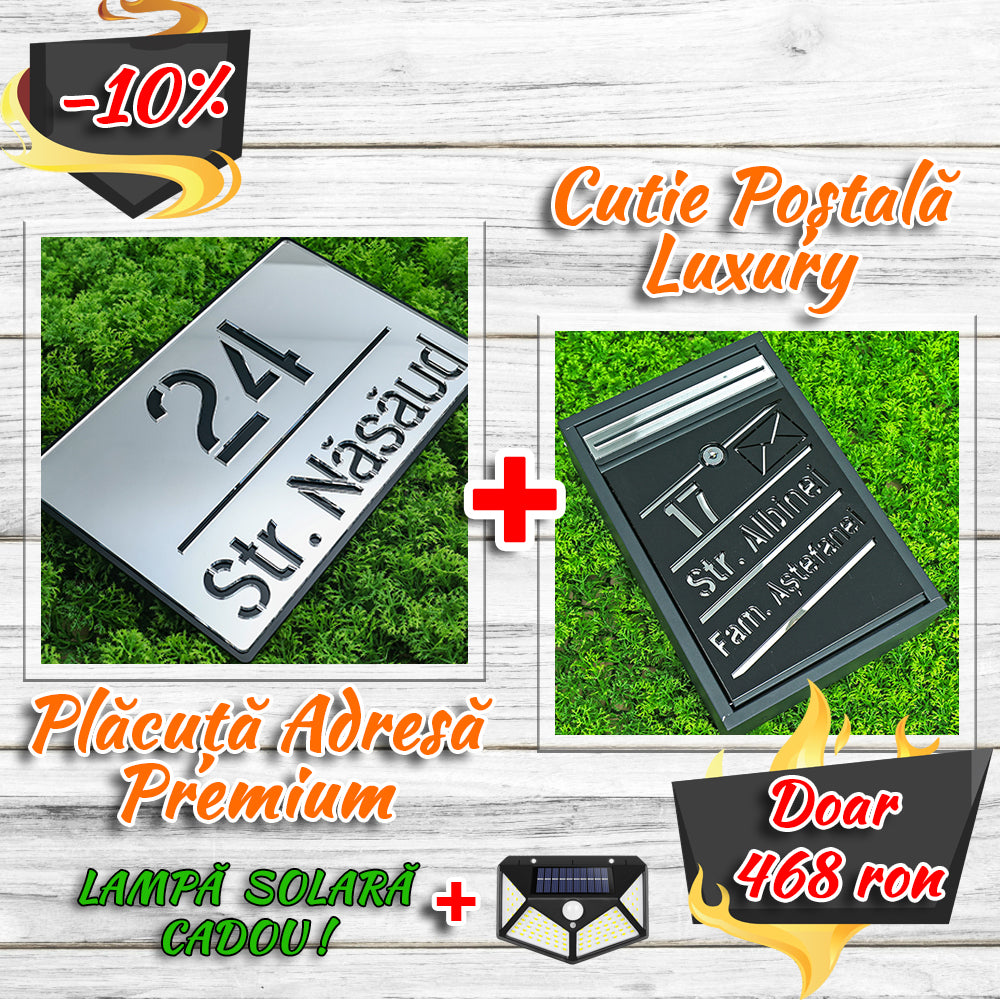 Pachet număr de casă premium - argintiu oglindă negru lucios + cutie poștală luxury negru satinat - argintiu oglindă