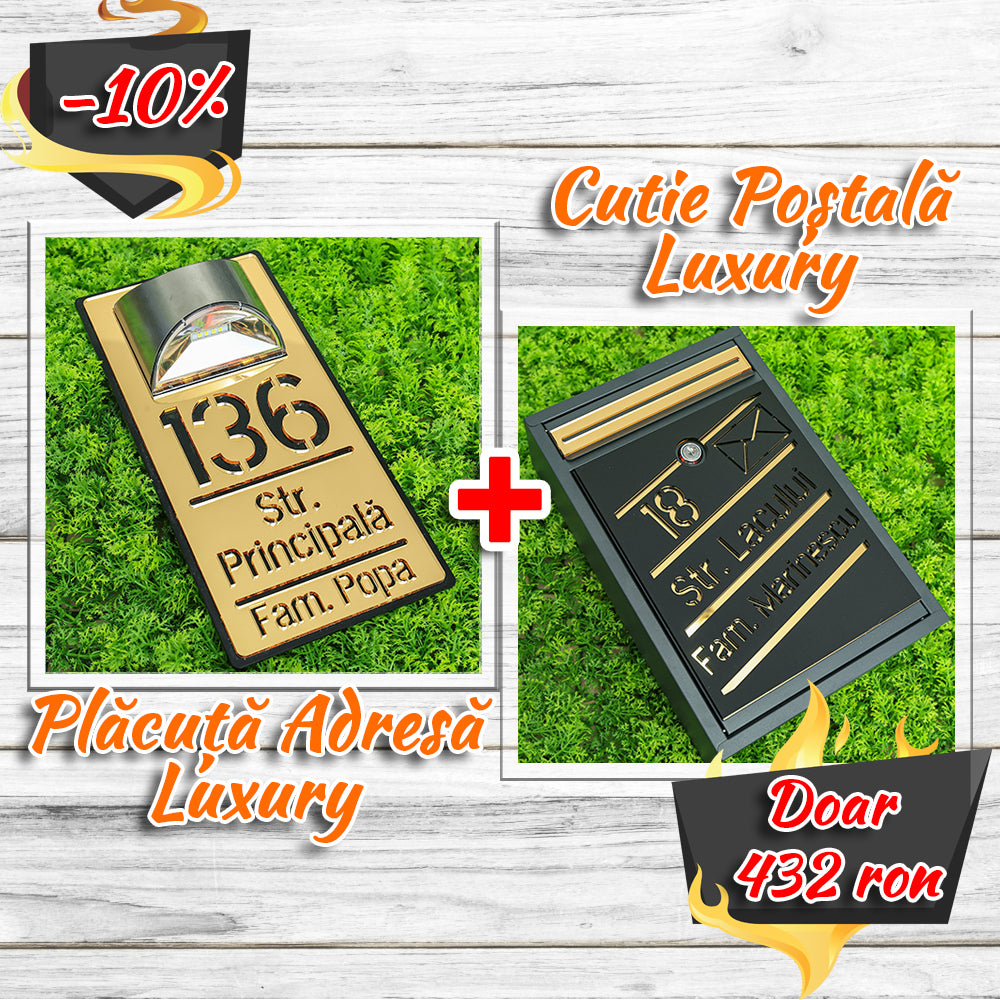 Pachet număr de casă luxury - auriu oglindă negru lucios + cutie poștală luxury negru satinat - auriu oglindă