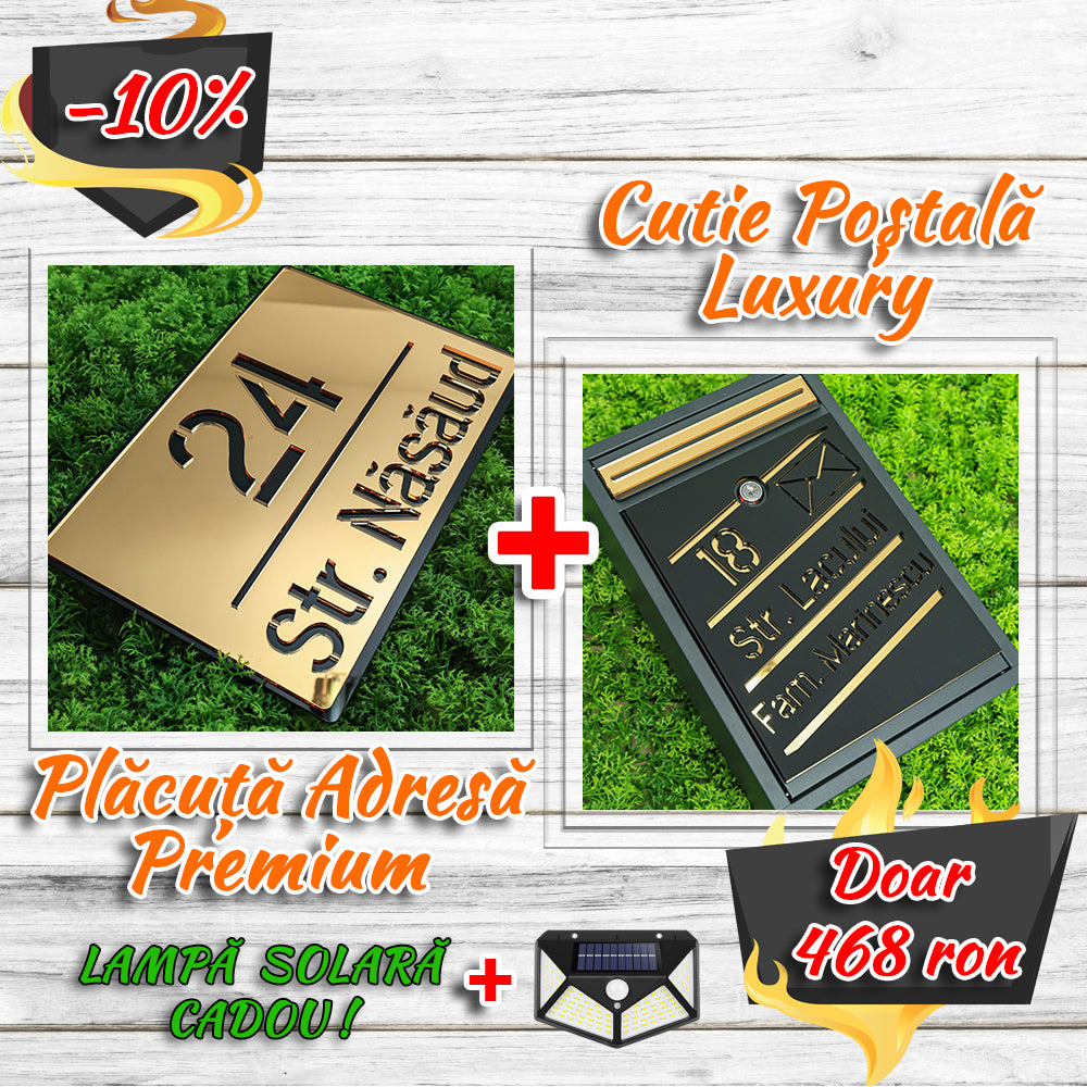 Pachet număr de casă premium - auriu oglindă negru lucios + cutie poștală luxury negru satinat - auriu oglindă