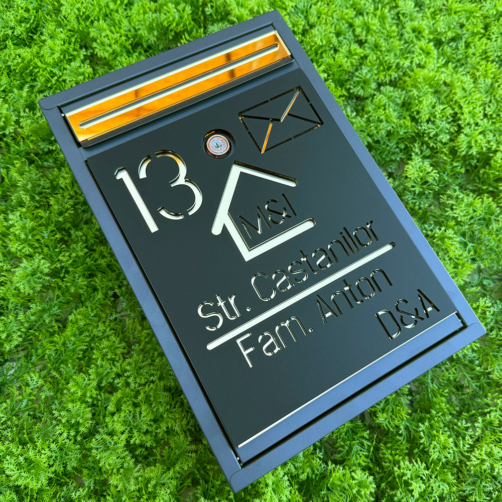 Cutie Poștală Cu Logo "Căsuță" Negru Satinat - Auriu Oglindă