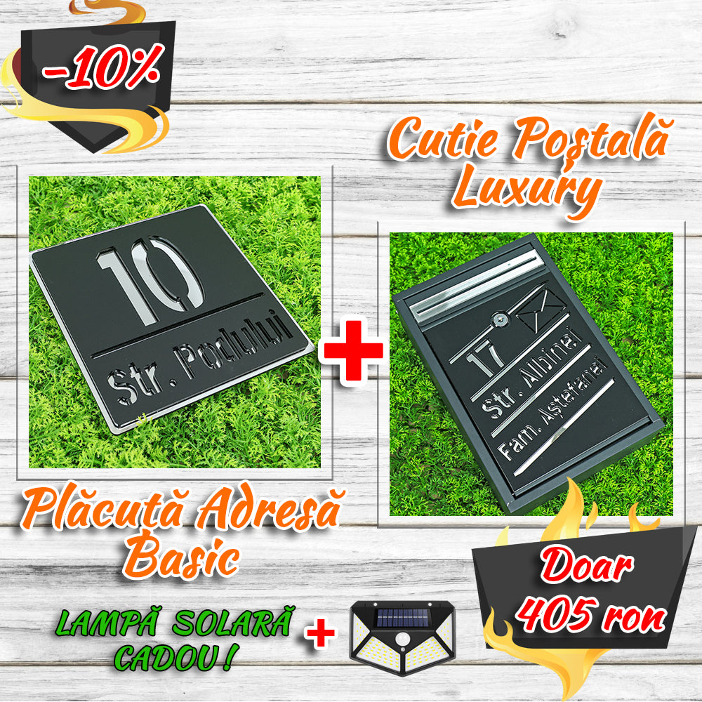 Pachet număr de casă basic + cutie poștală luxury negru satinat - argintiu oglindă