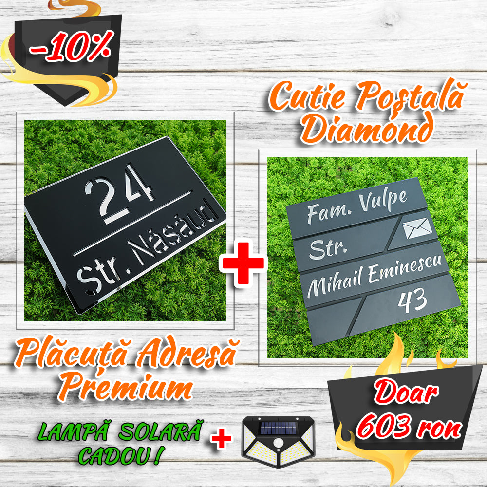 Pachet număr de casă premium + cutie poștală diamond negru satinat - argintiu oglindă