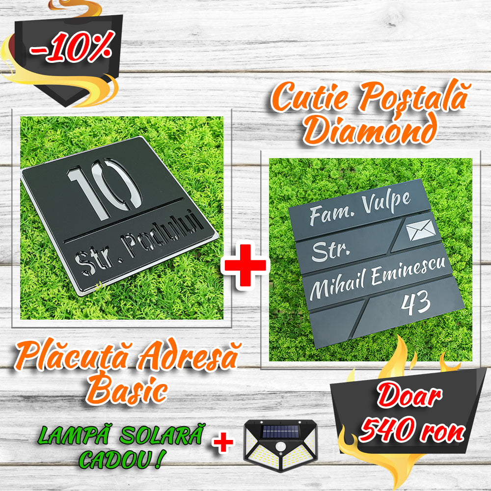 Pachet număr de casă basic + cutie poștală diamond negru satinat - argintiu oglindă