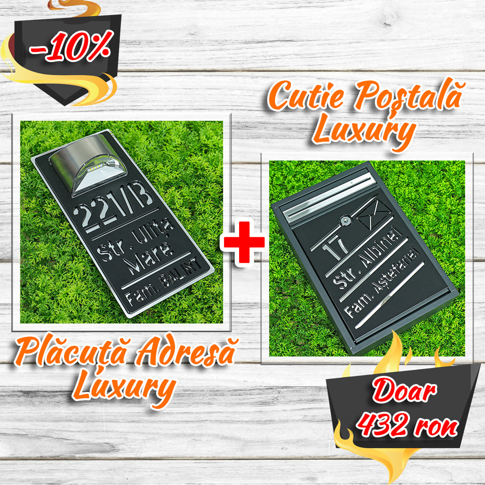 Pachet număr de casă luxury + cutie poștală luxury negru satinat - argintiu oglindă