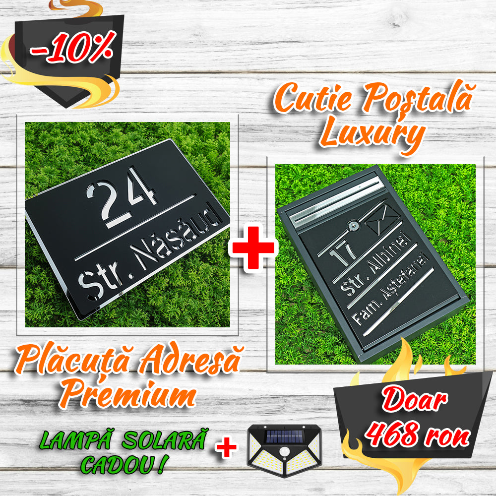 Pachet număr de casă premium + cutie poștală luxury negru satinat - argintiu oglindă