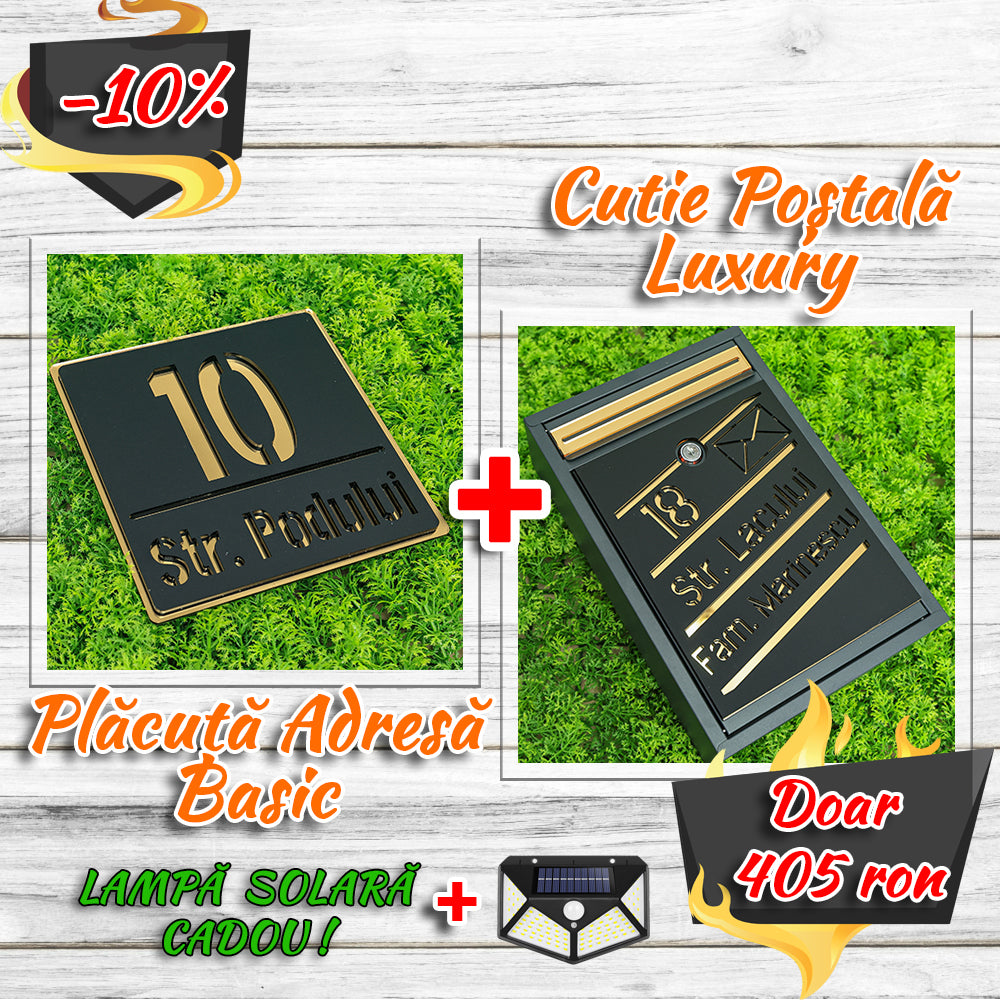 Pachet număr de casă basic + cutie poștală luxury negru satinat - auriu oglindă