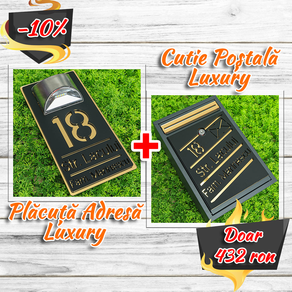 Pachet număr de casă luxury + cutie poștală luxury negru satinat - auriu oglindă
