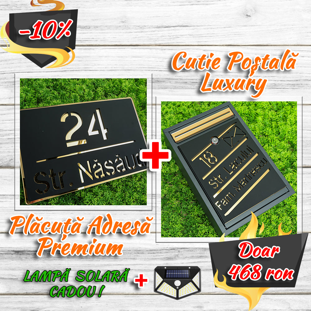 Pachet număr de casă premium + cutie poștală luxury negru satinat - auriu oglindă